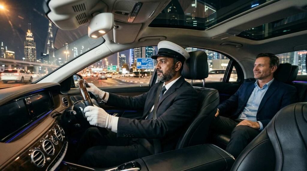 Professional Chauffeur Service Dubai driver in uniform driving a luxury car at night