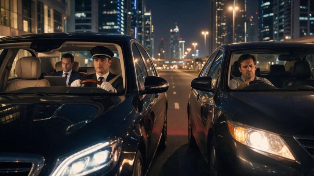 Monthly driver service Dubai chauffeur driving a relaxed businessman while another man drives himself