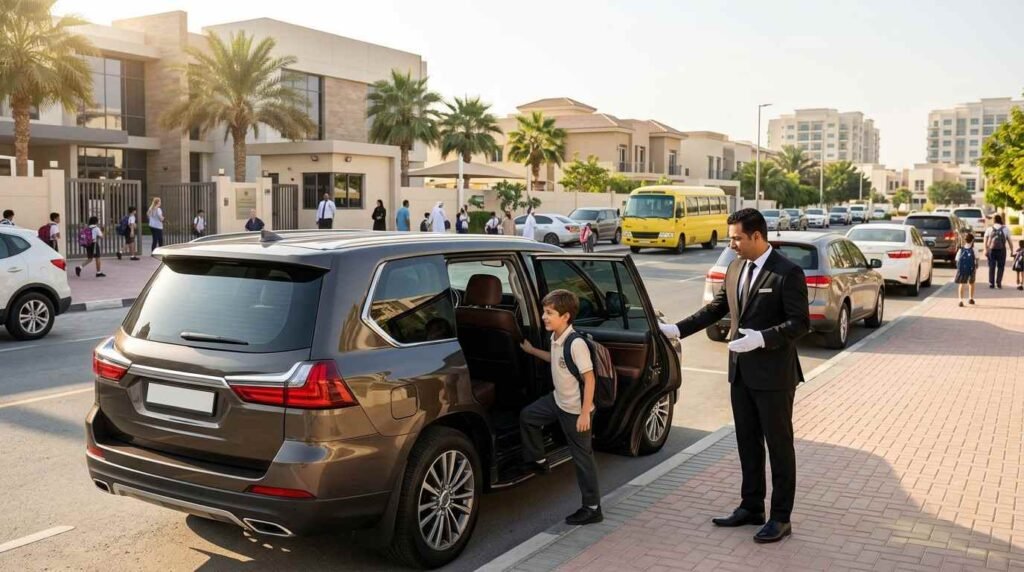 Personal driver Dubai monthly service waiting outside a Dubai school