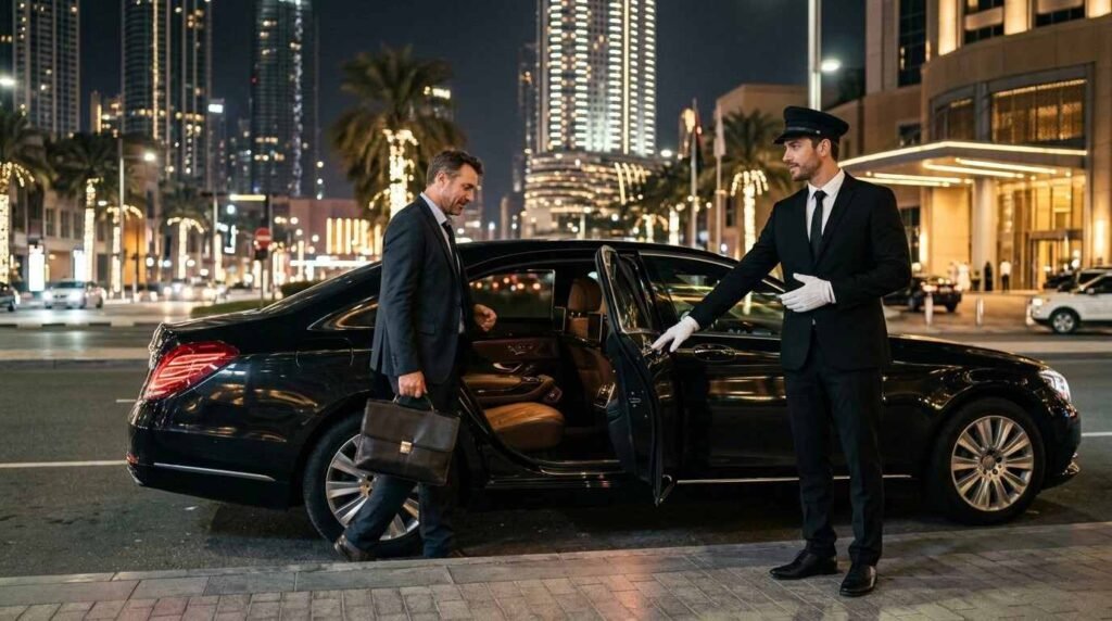 Chauffeur opening luxury car door for businessman in Dubai | Rent A Car With Driver In Dubai